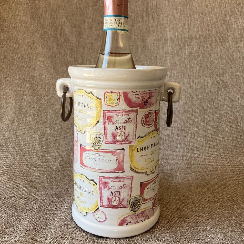 Vintage European Style Ceramic Wine Cooler Ice Bucket w/ Iron Ring Handles